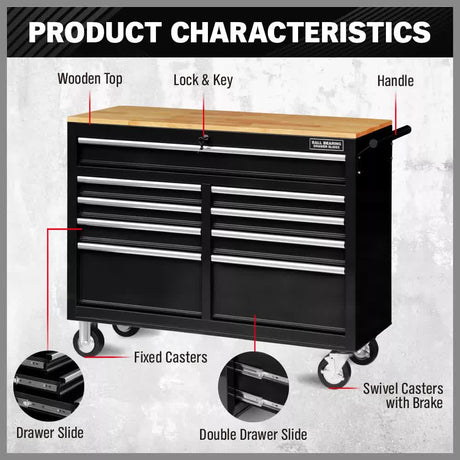 Tool Chest Cabinet Trolley, 9 Drawers Black
