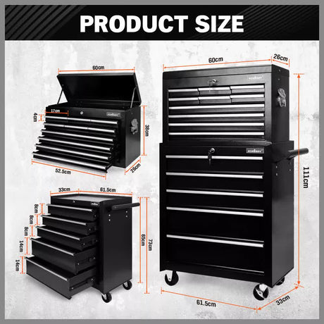 Bargoed Tool Box Trolley, 15 Drawer, Steel, Black