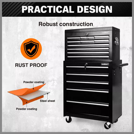 Bargoed Tool Box Trolley, 15 Drawer, Steel, Black