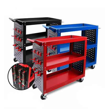 3 Tier Steel Tool Trolley Workshop Cart with Pegboard and Lockable Castors