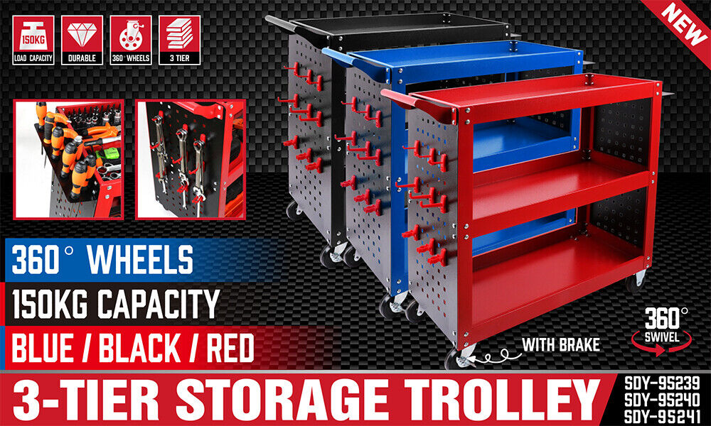 3 Tier Steel Tool Trolley Workshop Cart with Pegboard and Lockable Castors
