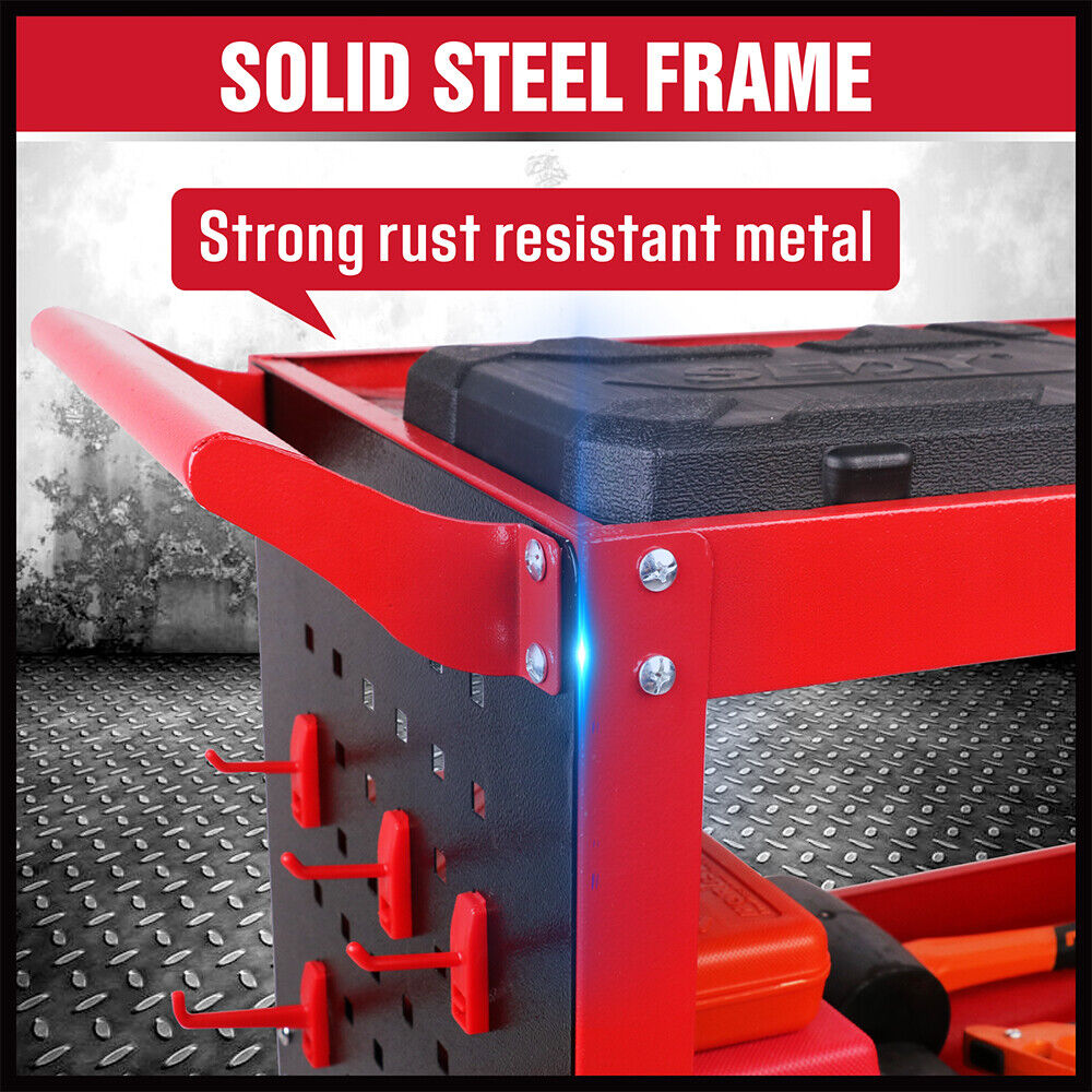 3 Tier Steel Tool Trolley Workshop Cart with Pegboard and Lockable Castors