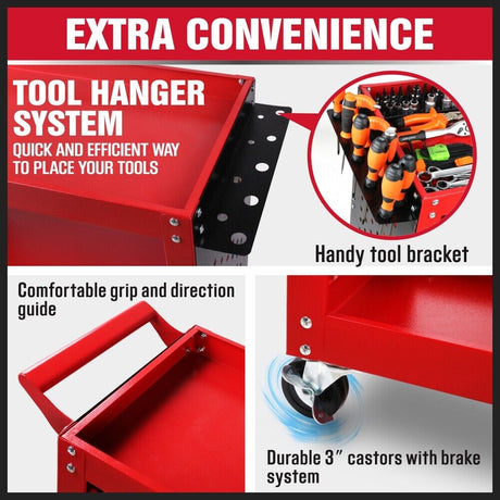 3 Tier Steel Tool Trolley Workshop Cart with Pegboard and Lockable Castors