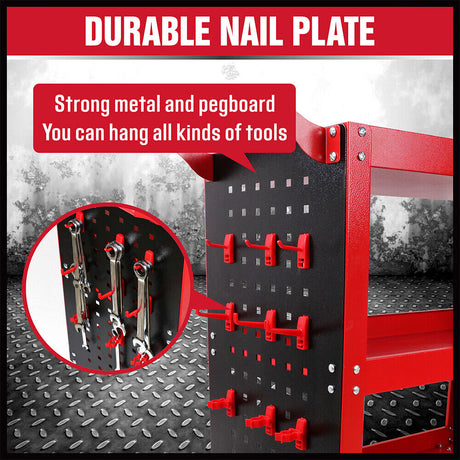 3 Tier Steel Tool Trolley Workshop Cart with Pegboard and Lockable Castors