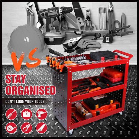 3 Tier Steel Tool Trolley Workshop Cart with Pegboard and Lockable Castors