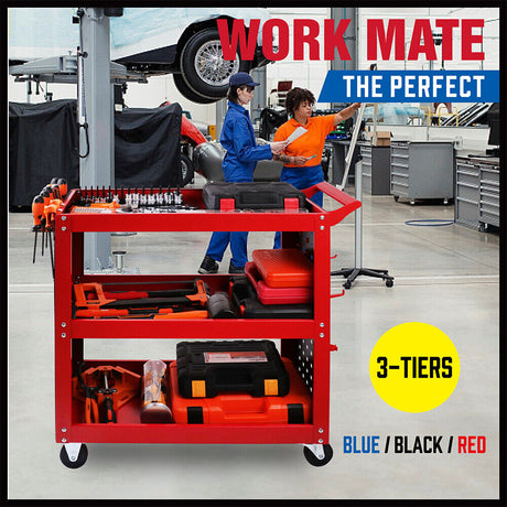 3 Tier Steel Tool Trolley Workshop Cart with Pegboard and Lockable Castors