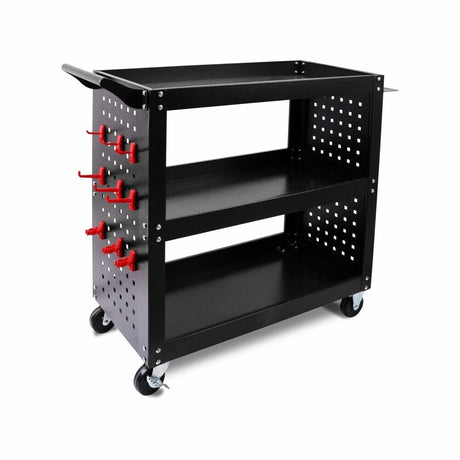 3 Tier Steel Tool Trolley Workshop Cart with Pegboard and Lockable Castors