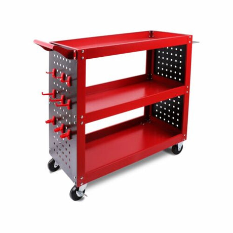 3 Tier Steel Tool Trolley Workshop Cart with Pegboard and Lockable Castors