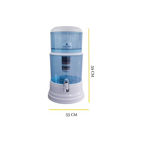 Gravity fed water purifier on a kitchen bench with magnetic tap