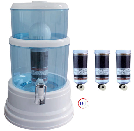 16 L benchtop water filter with upper and lower tanks and front tap