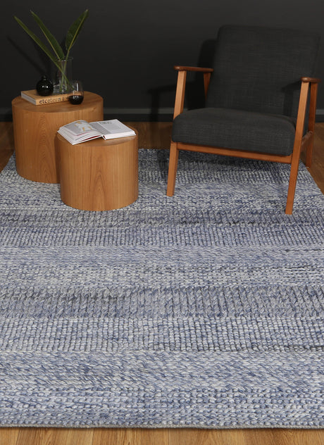 Tribal textured wool blend floor rug in blue, 160x230cm