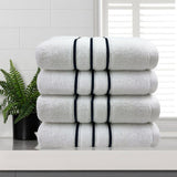 Four white 650 GSM cotton hand towels, 40 x 60 cm, folded to show the contrasting dobby stripe border