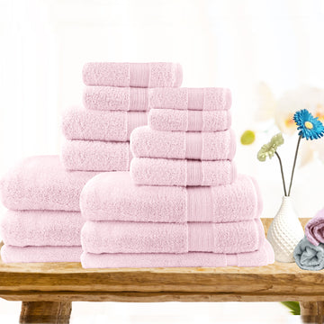 Baby pink 14 piece combed cotton bath towel set with bath towels, hand towels, face washers and bath mats