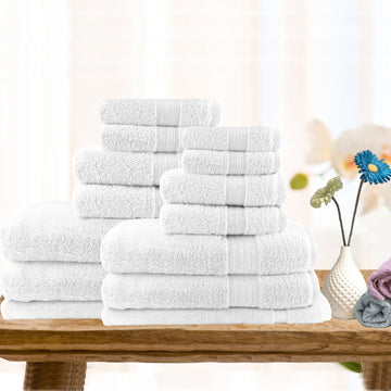 White 14 piece combed cotton bath towel set with bath towels, hand towels, face washers and bath mats