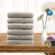 Beige 500 GSM combed cotton face washers, set of six measuring 30 x 30 cm with dobby border