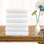 Set of six white combed cotton hand towels, 500 GSM, 40 x 60 cm, folded with dobby border detail