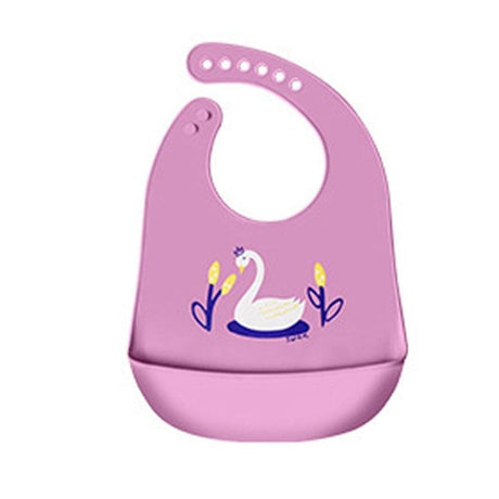 Silicone feeding bib with pocket in purple swan design