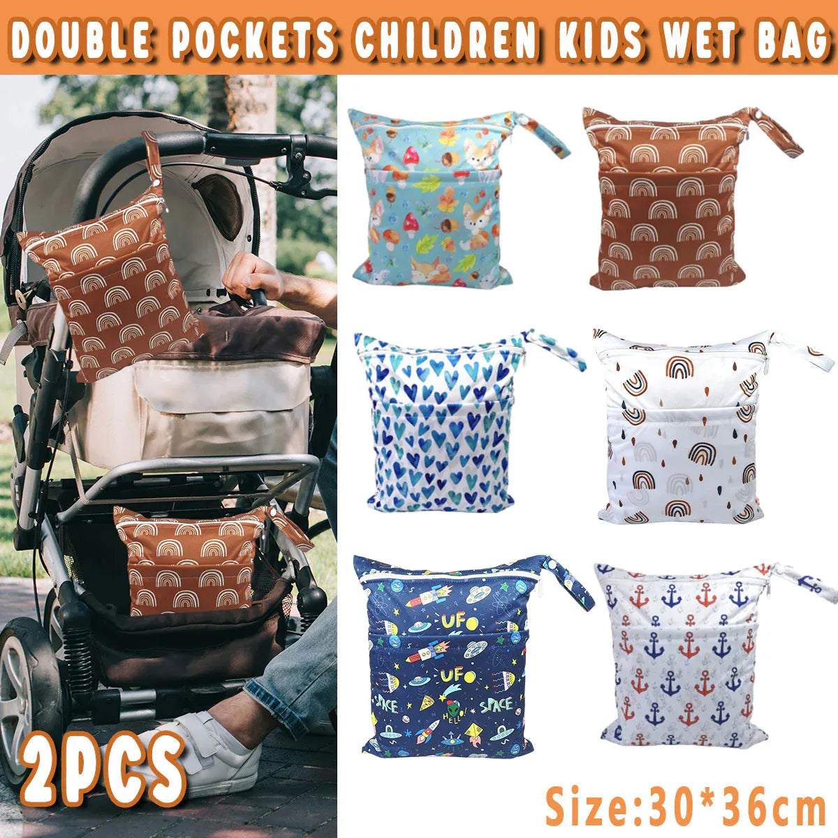 Waterproof nappy and wet bags with heart print, 2 piece