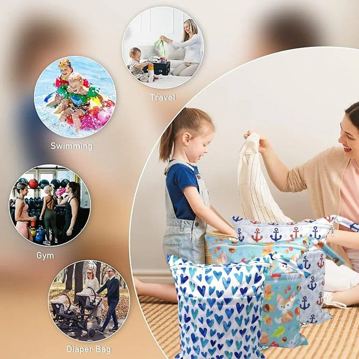 Waterproof nappy and wet bags with heart print, 2 piece