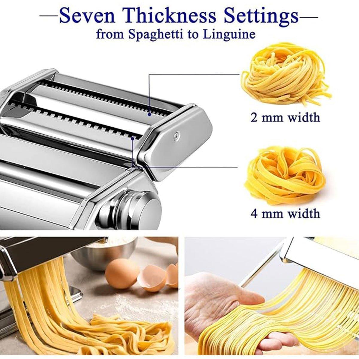 Table clamp securing the stainless steel pasta machine to a bench edge