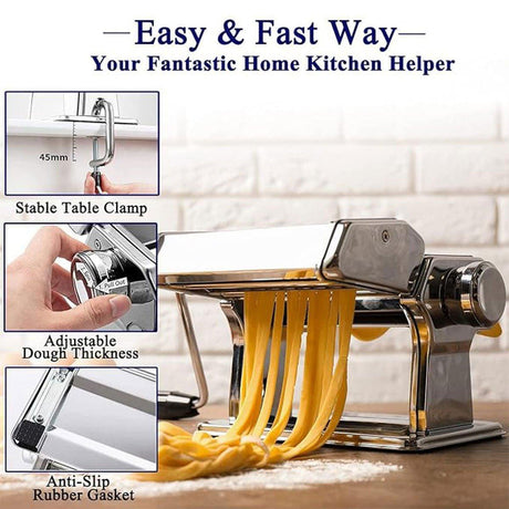 Fresh noodles being cut by the manual stainless steel pasta maker
