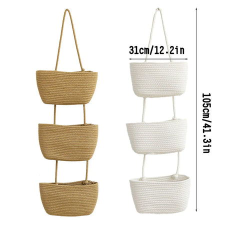 Three Tier Wall Mounted Hanging Storage Basket, Brown