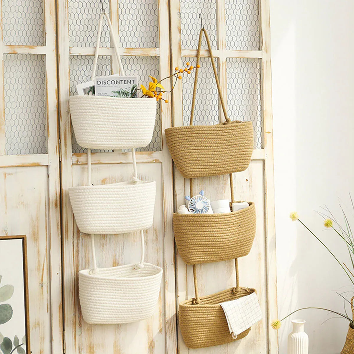 Three Tier Wall Mounted Hanging Storage Basket, Brown