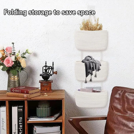Three Tier Wall Mounted Hanging Storage Basket, Brown