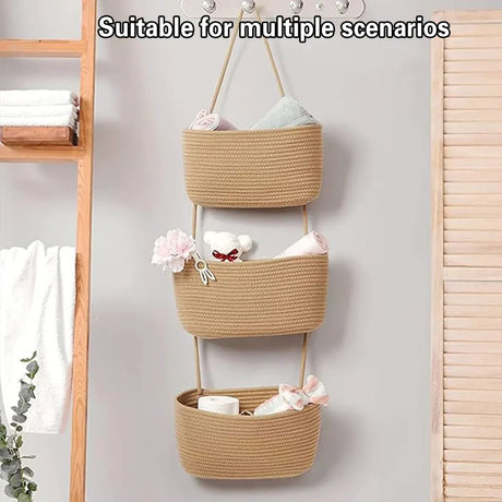 Three Tier Wall Mounted Hanging Storage Basket, Brown