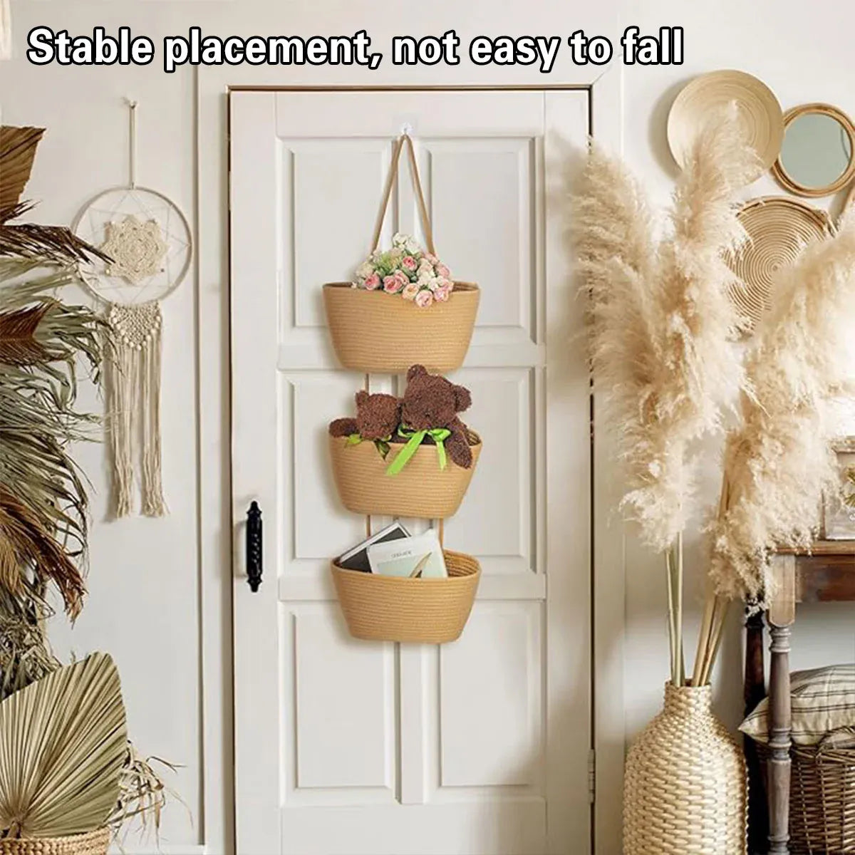 Three Tier Wall Mounted Hanging Storage Basket, Brown