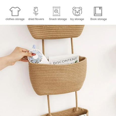 Three Tier Wall Mounted Hanging Storage Basket, Brown