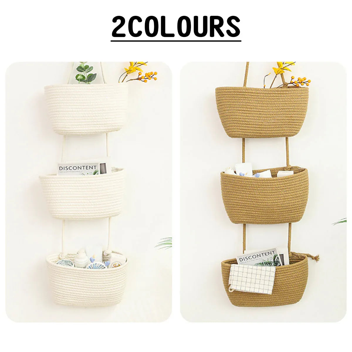 Three Tier Wall Mounted Hanging Storage Basket, Brown