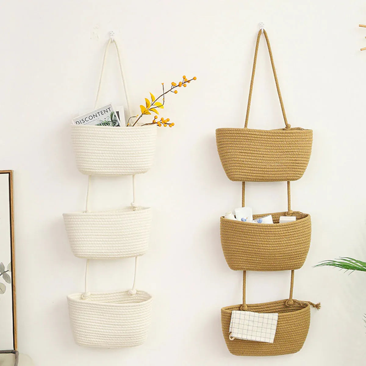 Three Tier Wall Mounted Hanging Storage Basket, Brown