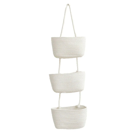 White three tier cotton rope hanging storage basket - view 1