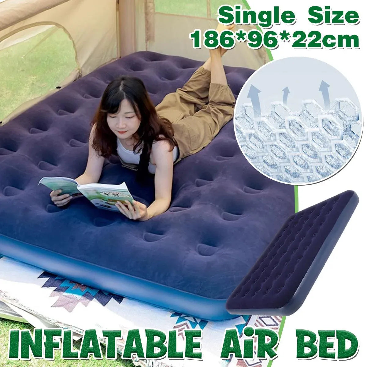 Hungabee Inflatable Airbed, Single 186x96cm Flocked Blue
