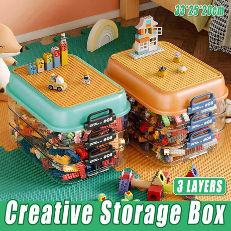 Green stackable building block storage box with sorting trays - view 1