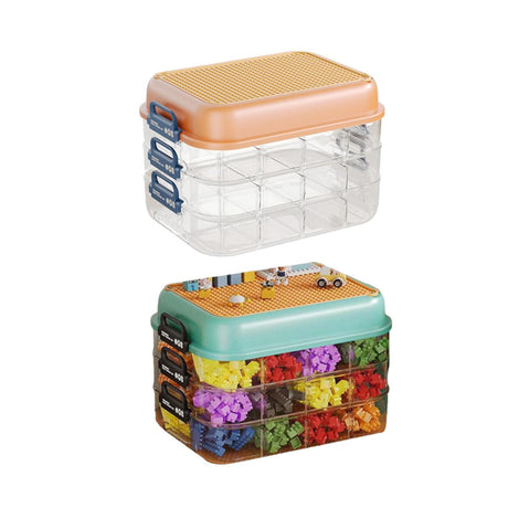 Orange stackable building block storage box with sorting trays - view 2