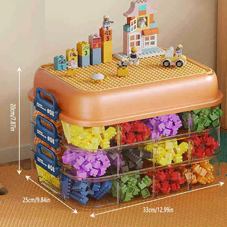 Orange stackable building block storage box with sorting trays - view 3