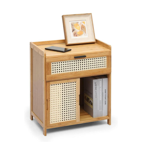 Coffee Camp Bamboo Bedside Table with Rattan Doors, Natural