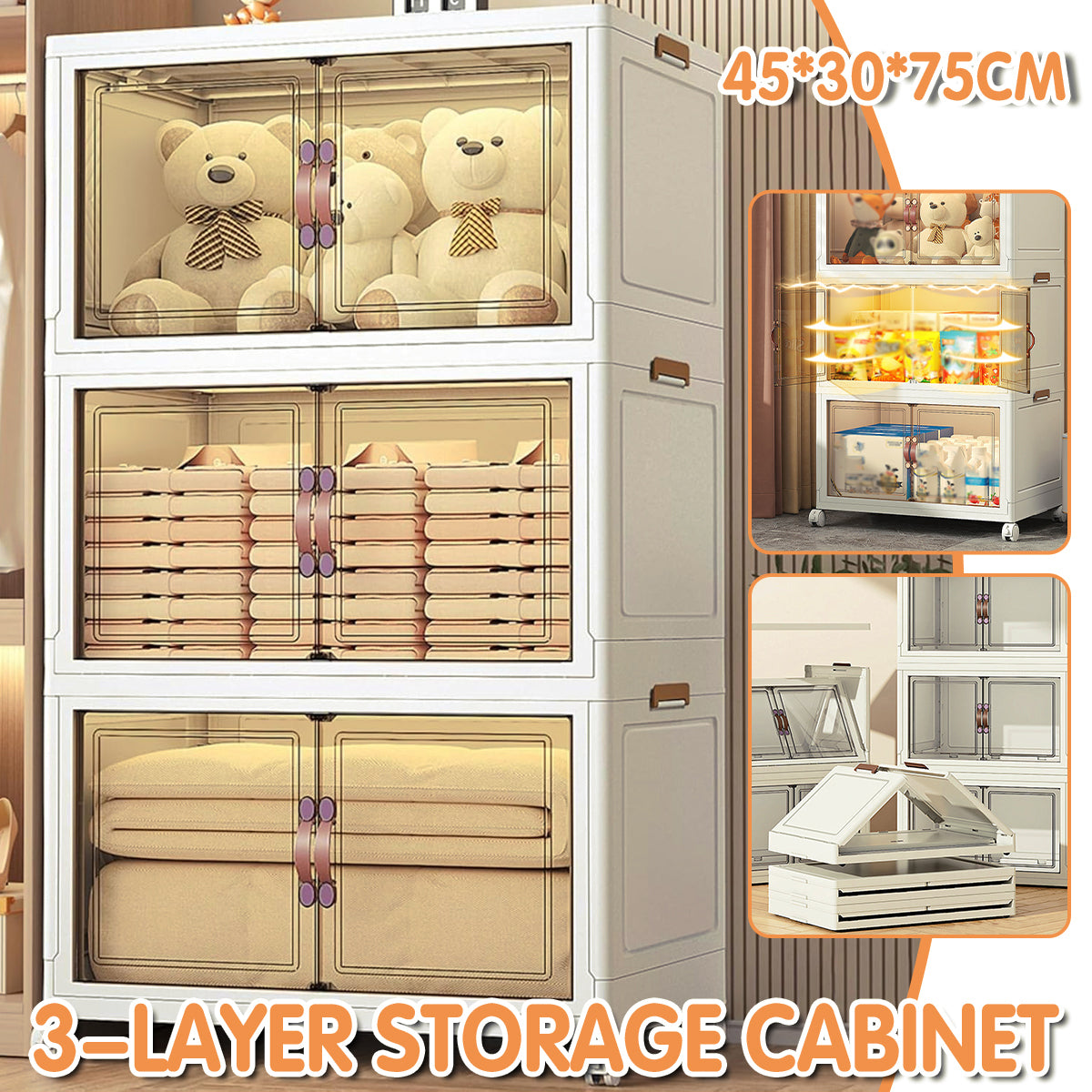 3-Tier Folding Storage Cabinet with Wheels