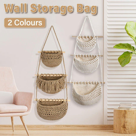Brown three tier cotton rope hanging storage basket - view 1