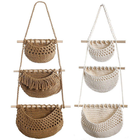 Brown three tier cotton rope hanging storage basket - view 2
