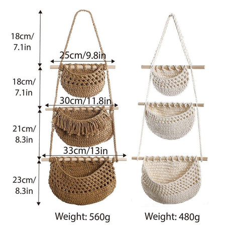 Brown three tier cotton rope hanging storage basket - view 3