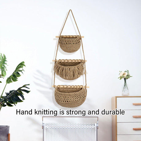 Brown three tier cotton rope hanging storage basket - view 4
