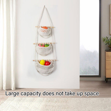Brown three tier cotton rope hanging storage basket - view 5
