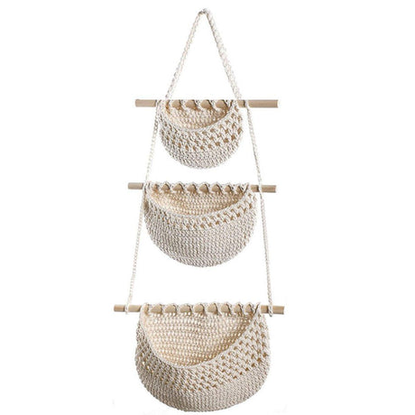 Brown three tier cotton rope hanging storage basket - view 6