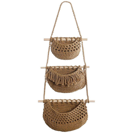Brown three tier cotton rope hanging storage basket - view 7