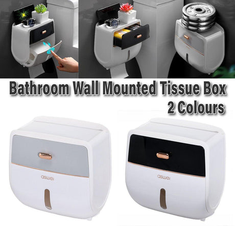 Grey waterproof toilet roll holder storage box with a flat top shelf