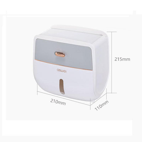 Top shelf of the grey tissue box holding a phone above the enclosed roll