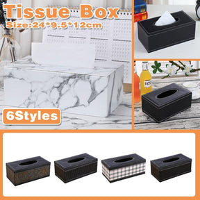 Black woven pattern PU leather tissue box holder shown on a table